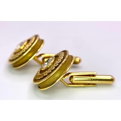 347 - A Pair of Designer Theo Fennell 18k Yellow Gold and Diamond Cufflinks. Two brilliant round cut diamo... 