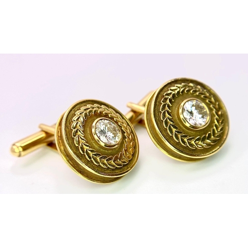 347 - A Pair of Designer Theo Fennell 18k Yellow Gold and Diamond Cufflinks. Two brilliant round cut diamo... 