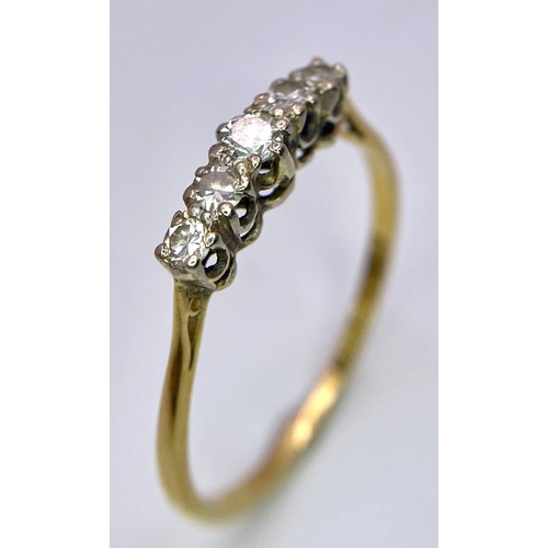 52 - 18K YELLOW GOLD & PLATINUM WINTAGE DIAMOND, 5 STONE RING. 0.20CTW.
SIZE: T
WEIGHT: 2.0G

SC 8039