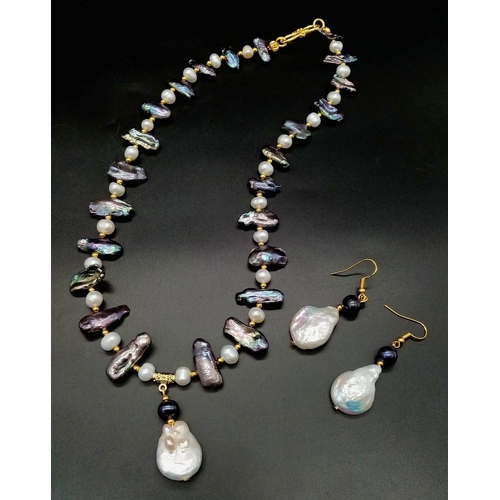 68 - An unusual necklace and earrings set with rare exotic black Biwa pearls, South Sea white pearls and ... 