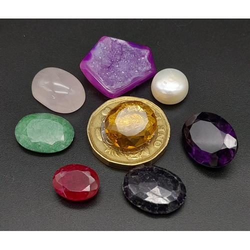 751 - A Lot of 8 Pcs of Cabochon Pearl, Rose Quartz, Faceted Citrine, Emerald, etc Gemstones in various Sh... 