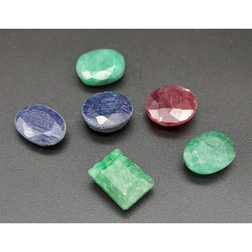 772 - A Lot of 6 Pcs of Faceted Blue Sapphire, Emerald & Ruby Gemstones. Total weight 36.90 Ct. GLI Certif... 