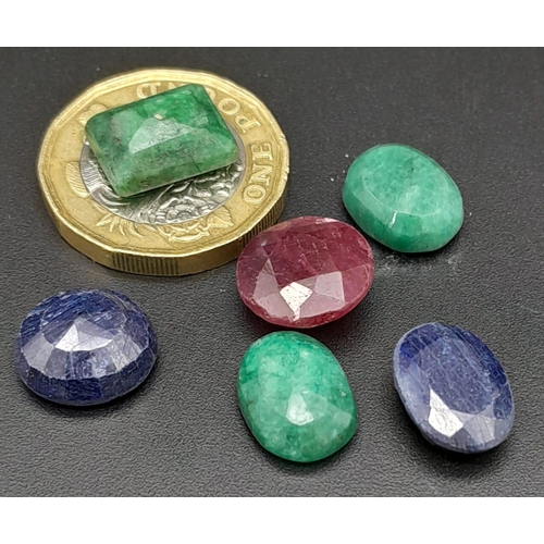 772 - A Lot of 6 Pcs of Faceted Blue Sapphire, Emerald & Ruby Gemstones. Total weight 36.90 Ct. GLI Certif... 