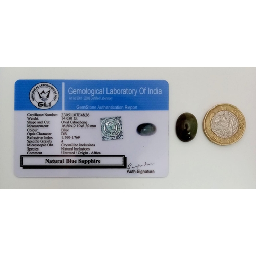 707 - A 14.05ct Natural Untreated African Blue Sapphire, in Oval Cabochon shape. Comes with the GLI certif... 