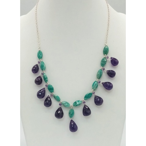 496 - A Collection of 2 Necklaces; An Apatite and Amethyst and A Fancy Multi-gemstones with Moonstone. 44c... 