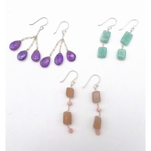 671 - Three Pairs of Gemstone Drop Earrings. Amethyst, Moonstone and Agate.