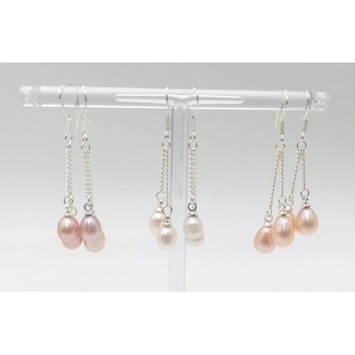 1118 - Three Pairs of Freshwater Pearl and 925 Silver Drop Earrings. White, lavender and peach shades. Drop... 