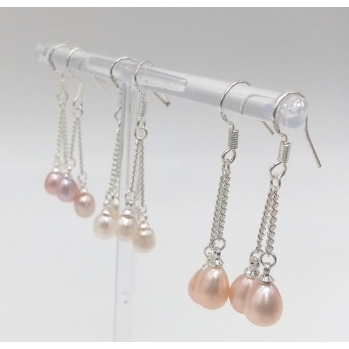 1118 - Three Pairs of Freshwater Pearl and 925 Silver Drop Earrings. White, lavender and peach shades. Drop... 