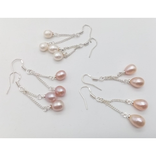 1118 - Three Pairs of Freshwater Pearl and 925 Silver Drop Earrings. White, lavender and peach shades. Drop... 