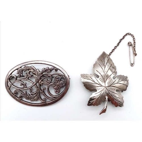 147 - 2X vintage 925 silver Floral and Sycamore leaf brooches. Total weight 14.8G. Please see photos for d... 