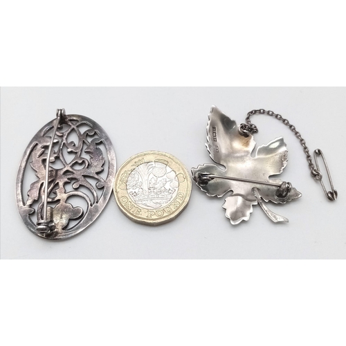 147 - 2X vintage 925 silver Floral and Sycamore leaf brooches. Total weight 14.8G. Please see photos for d... 