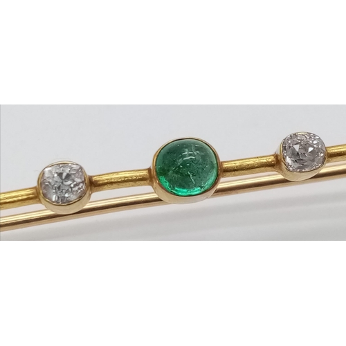 177 - An Antique High-Karat Gold, Diamond and Emerald Bar Brooch. Classic safety pin design with central e... 