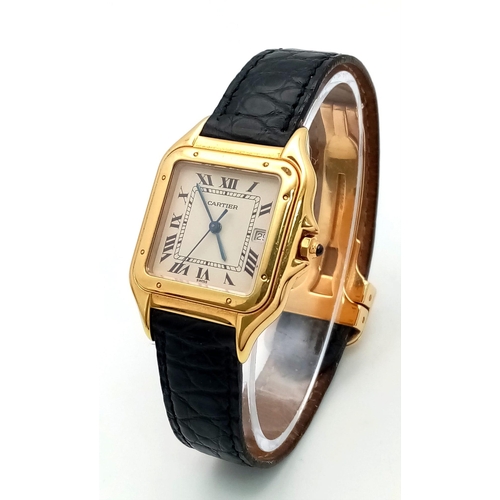 198 - A Cartier Panthere 18K Gold Ladies Watch. Black leather strap and 18k gold clasp. 18k gold case - 29... 