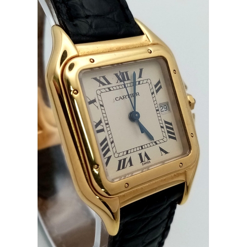 198 - A Cartier Panthere 18K Gold Ladies Watch. Black leather strap and 18k gold clasp. 18k gold case - 29... 