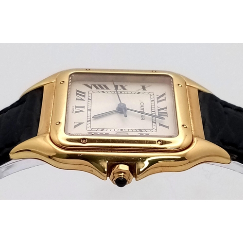 198 - A Cartier Panthere 18K Gold Ladies Watch. Black leather strap and 18k gold clasp. 18k gold case - 29... 