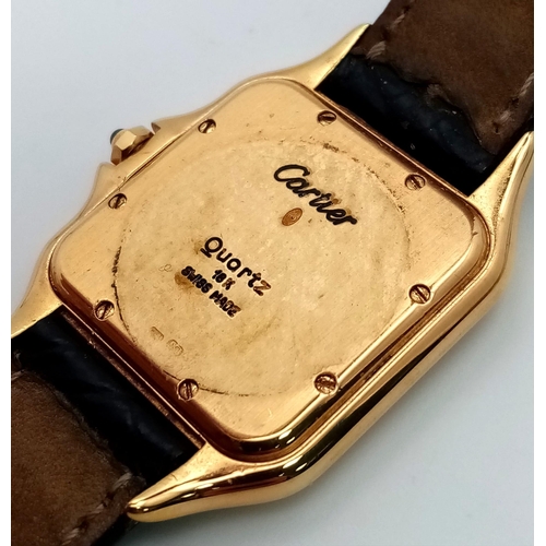 198 - A Cartier Panthere 18K Gold Ladies Watch. Black leather strap and 18k gold clasp. 18k gold case - 29... 