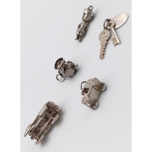 208 - SELECTION OF 5 STERLING SILVER CHARMS TO INCLUDE KEYS, 2 X VINTAGE CARS, TOBY JUG & MAN IN A FLAT CA... 