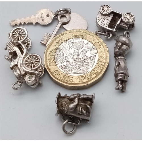 208 - SELECTION OF 5 STERLING SILVER CHARMS TO INCLUDE KEYS, 2 X VINTAGE CARS, TOBY JUG & MAN IN A FLAT CA... 