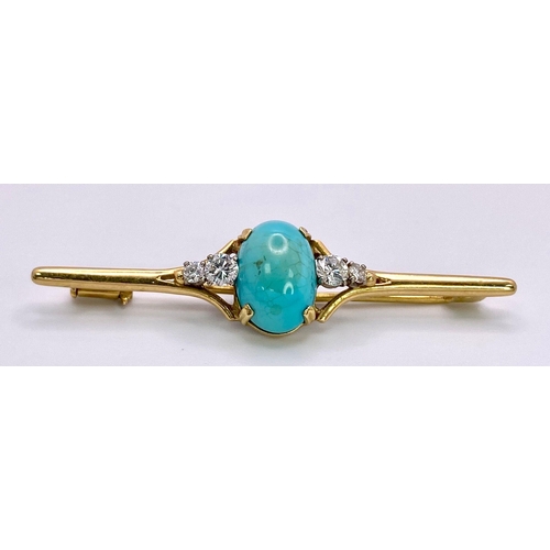 23 - An Antique Victorian Mid-Karat Gold, Turquoise and Diamond Bar Brooch. A beautiful pale blue turquoi... 