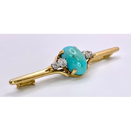 23 - An Antique Victorian Mid-Karat Gold, Turquoise and Diamond Bar Brooch. A beautiful pale blue turquoi... 