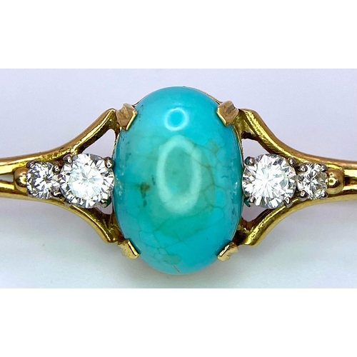 23 - An Antique Victorian Mid-Karat Gold, Turquoise and Diamond Bar Brooch. A beautiful pale blue turquoi... 