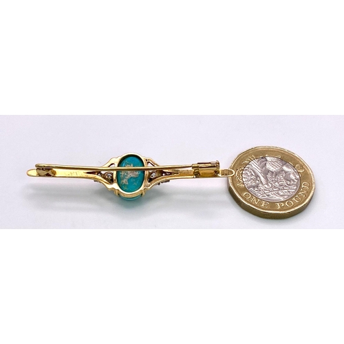 23 - An Antique Victorian Mid-Karat Gold, Turquoise and Diamond Bar Brooch. A beautiful pale blue turquoi... 