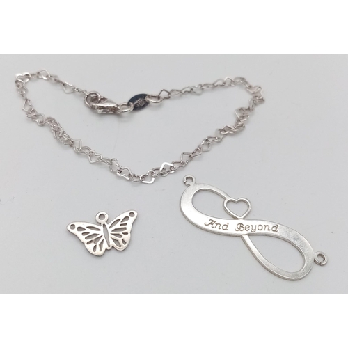 252 - 3 X STERLING SILVER ITEMS HEART BRACELET, BUTTERFLY CHARM & INFINITY PENDANT ENGRAVED WITH AND BEYON... 