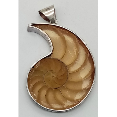 254 - STERLING SILVER SHELL/FOSSIL SHAPED STONE SET PENDANT.
SIZE: 8CM
WEIGHT: 31.8G

SC 8058