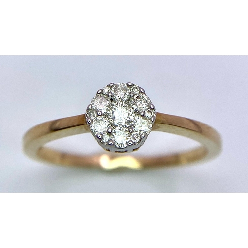 281 - 9k yellow gold diamond cluster ring.
1.8g, size O (dia:0.25ct).

SH2809H