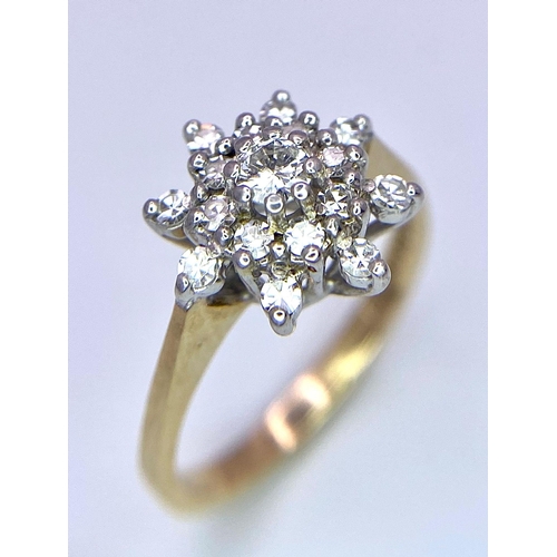 288 - 9k yellow gold diamond flower cluster ring.
1.9g, Size F 1/2 (dia:0.23ct)

SH4471H