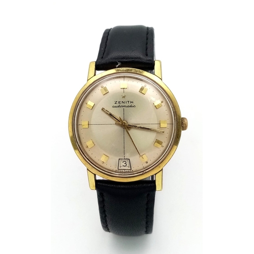 37 - A Very Collectible Early 1960s Zenith Automatic Gents Watch. Black leather strap. Gilded case - 34mm... 