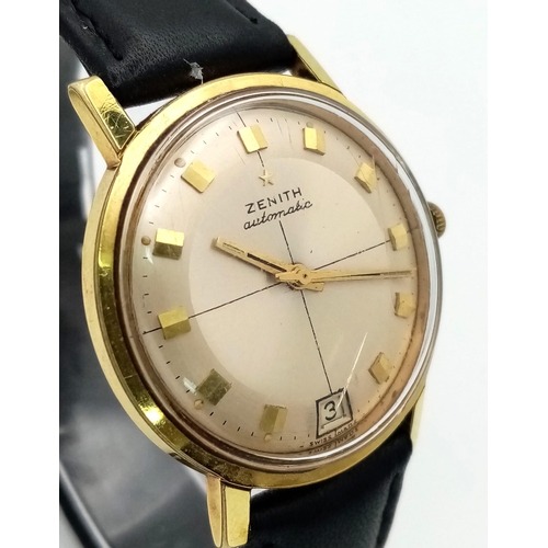 37 - A Very Collectible Early 1960s Zenith Automatic Gents Watch. Black leather strap. Gilded case - 34mm... 