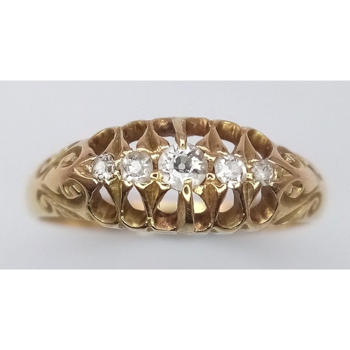 53 - 18K YELLOW GOLD, VINTAGE OLD CUT, 5 STONE DIAMOND RING.
SIZE: K
WEIGHT: 2.2G

SC 8040