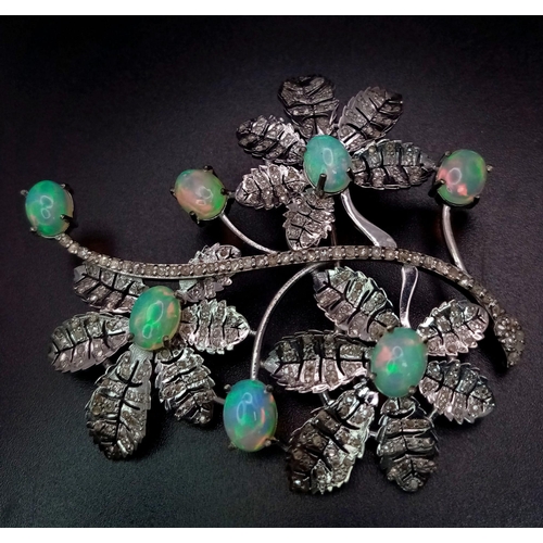 71 - A Wonderful Art Deco Style Opal and Diamond Brooch. 5.7ctw of opal colour-play with 2.10ctw of diamo... 