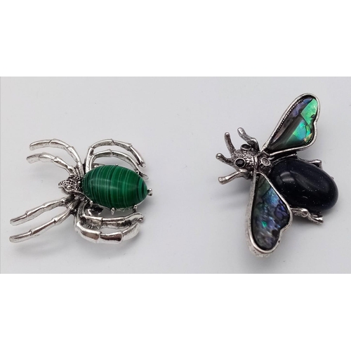 725 - A Marcasite Spider and Decorative Blue-stone Bee Brooch. Bee- 6cm wingspan. Spider 3.5cm x 3.5cm.