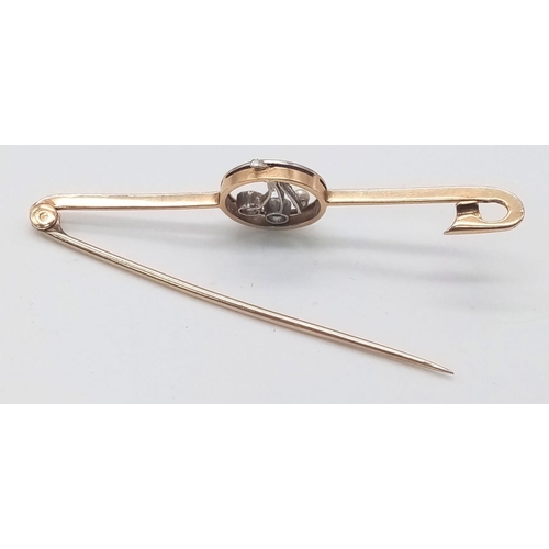 85 - 12k yellow gold diamond, pearl and sapphire brooch, 3.5g (dia:0.01ct/sapp:0.30ct/pearl 2mm).

SH7764... 