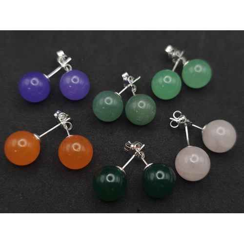 509 - Six Pairs of Different Colour Jade Ball Stud Earrings. Includes: three shades of green, orange, pink... 