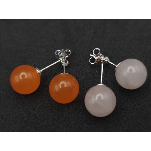 509 - Six Pairs of Different Colour Jade Ball Stud Earrings. Includes: three shades of green, orange, pink... 