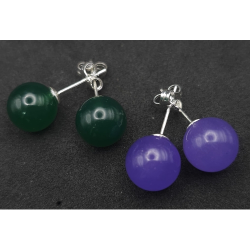 509 - Six Pairs of Different Colour Jade Ball Stud Earrings. Includes: three shades of green, orange, pink... 