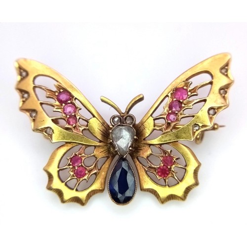 100 - A Fabulous Victorian 18K Yellow Gold, Sapphire Diamond and Ruby Butterfly Brooch. An old-cut diamond... 