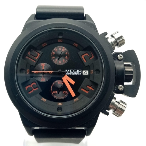 761 - An Unworn Men’s Rubber Strap Divers Date Watch by Megir. 60mm including Crown.