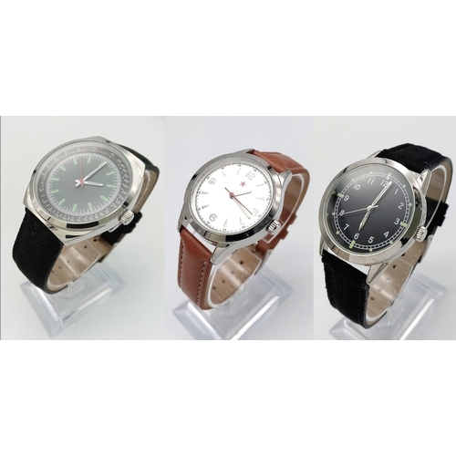 687 - A Parcel of Three Unworn Military Homage Watches Comprising; 1) 1970’s French Airman (42mm), 2) 1960... 