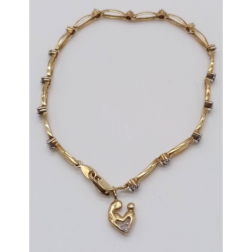 1194 - 9K YELLOW GOLD DIAMOND BRACELET WITH A LITTLE HANGING LOVE CHARM WEIGHT: 4.5G

SC 5012