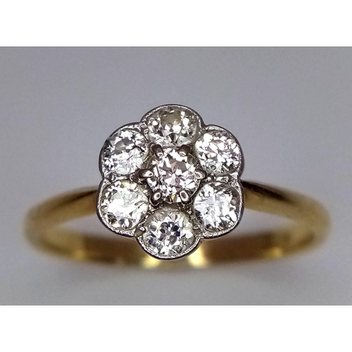 739 - 18k yellow gold old cut diamond flower cluster ring, 2.7g, size Q (7 diamonds each with a 3mm spread... 