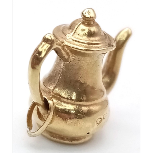 837 - 9k yellow gold tea jug charm/pendant, 0.8g