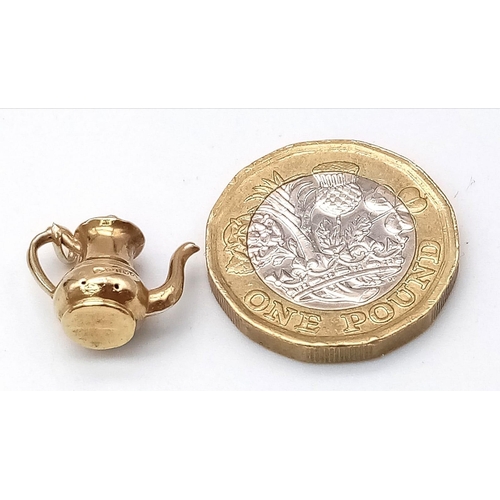 837 - 9k yellow gold tea jug charm/pendant, 0.8g