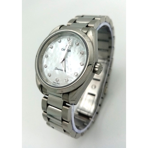 153 - An Omega Seamaster Aqua Terra Quartz Ladies Watch. Stainless steel bracelet and case - 28mm. Mother ... 