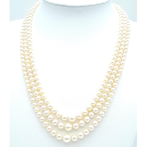 154 - A Vintage Three Row Seed Pearl Choker Necklace with 14k Gold Clasp. 38 - 42cm. 40g total weight. Ref... 