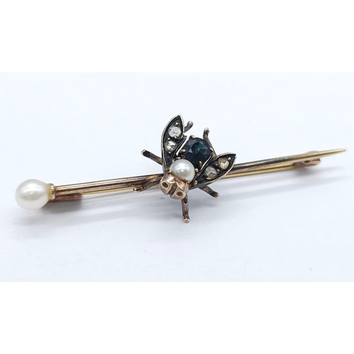 1130 - A Victorian Mid-Karat Gold, Silver, Pearl, Diamond and Sapphire Fly Brooch! Top-level craftmanship a... 