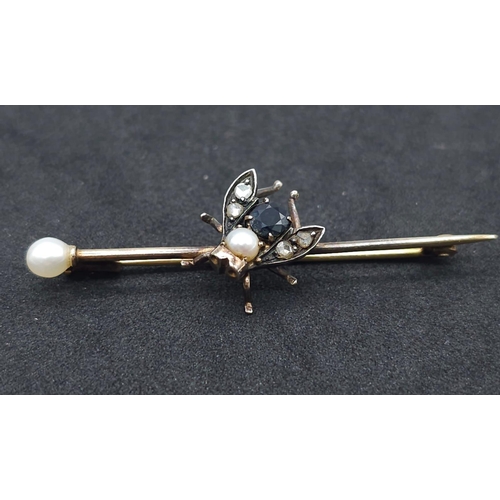 1130 - A Victorian Mid-Karat Gold, Silver, Pearl, Diamond and Sapphire Fly Brooch! Top-level craftmanship a... 